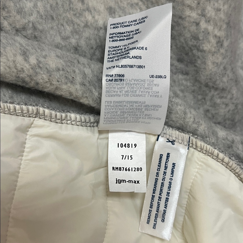Tommy Hilfiger athluxe hooded fleece puffer hoodie zip jacket gray navy cream M - Picture 6 of 9